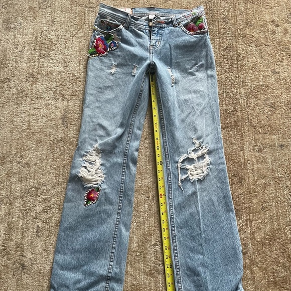 Free People Distressed Low Rise Straight Leg Embroidered Jeans, Size 26 - Picture 9 of 11